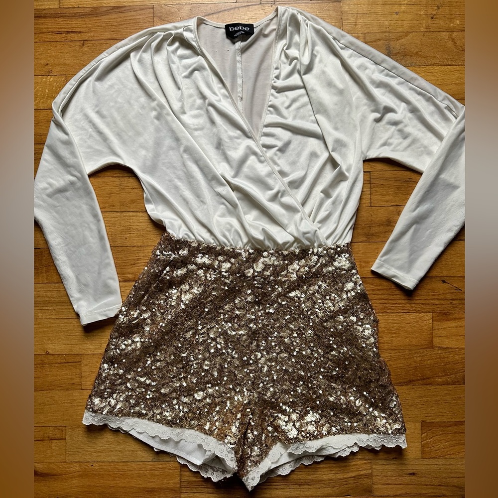 Bebe Romper Gold Sequin Shorts